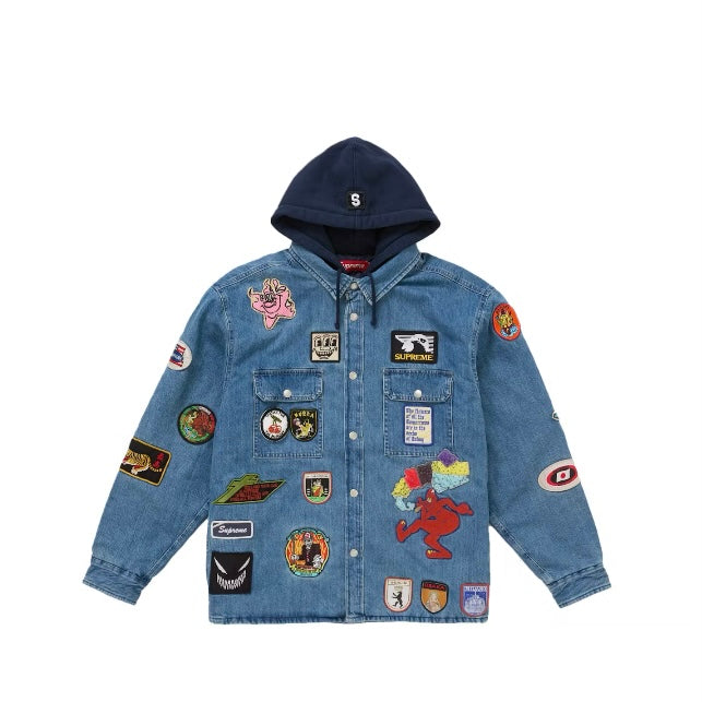 Supreme Patches Hooded Zip Up Shirt - Denim